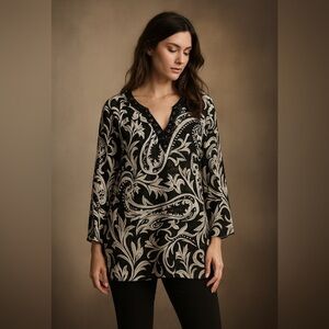 Chicos Paisley Beaded V-Neck Tunic Sheer Silk Boho Peasant Coastal Gramma 2